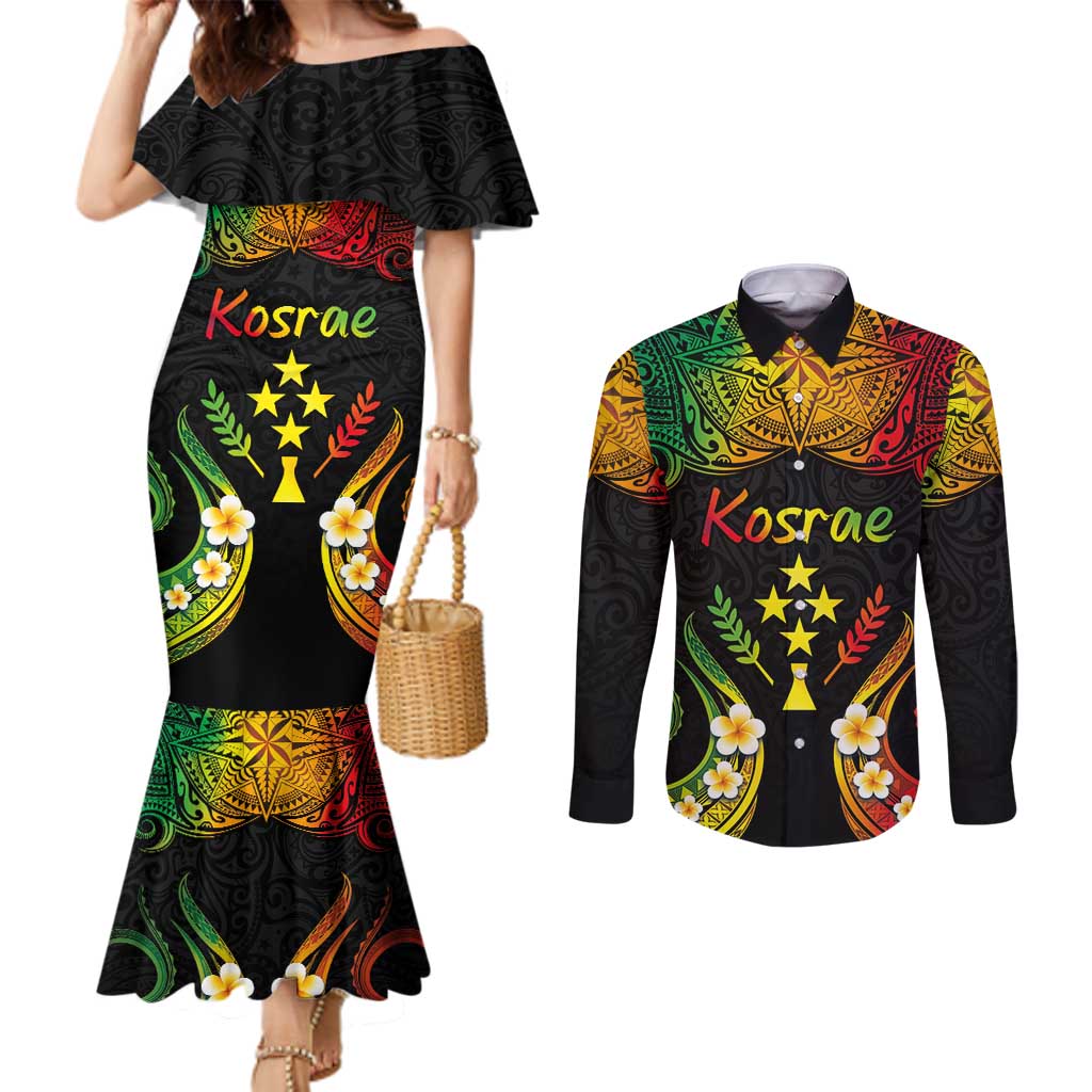 Personalised Kosrae Liberation Day Couples Matching Mermaid Dress and Long Sleeve Button Shirt Polynesian Tattoo and Plumeria Reggae Color LT03 Reggae - Polynesian Pride