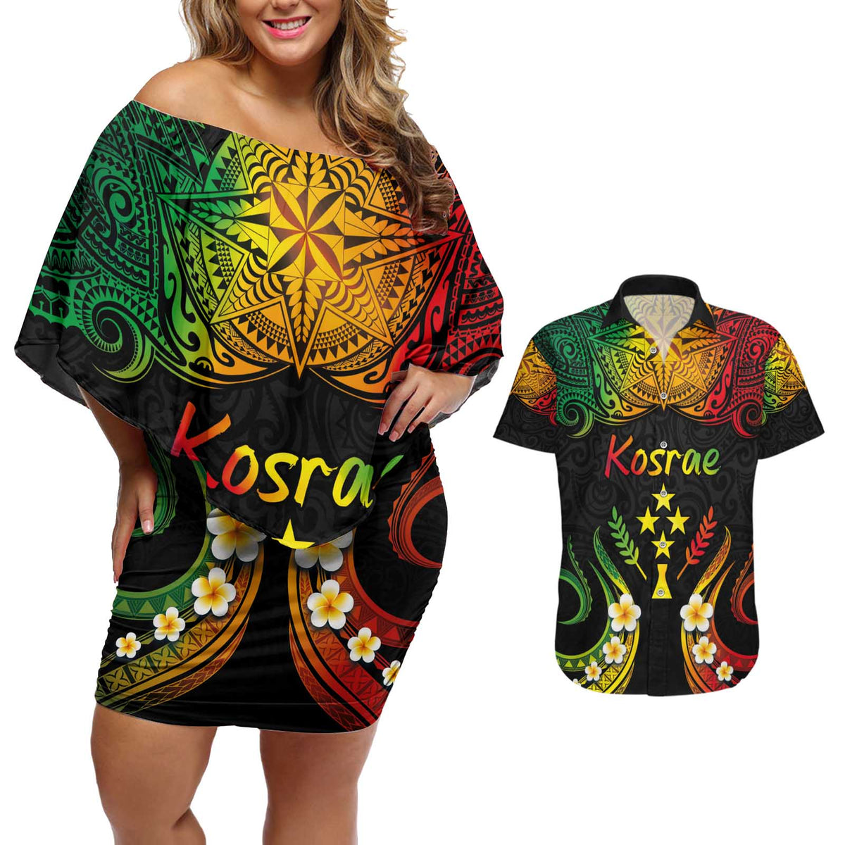 Personalised Kosrae Liberation Day Couples Matching Off Shoulder Short Dress and Hawaiian Shirt Polynesian Tattoo and Plumeria Reggae Color LT03 Reggae - Polynesian Pride