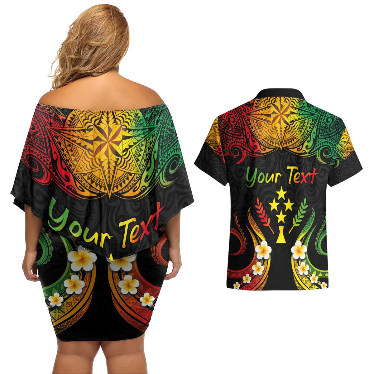 Personalised Kosrae Liberation Day Couples Matching Off Shoulder Short Dress and Hawaiian Shirt Polynesian Tattoo and Plumeria Reggae Color LT03 - Polynesian Pride