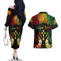 Personalised Kosrae Liberation Day Couples Matching Off The Shoulder Long Sleeve Dress and Hawaiian Shirt Polynesian Tattoo and Plumeria Reggae Color LT03 - Polynesian Pride