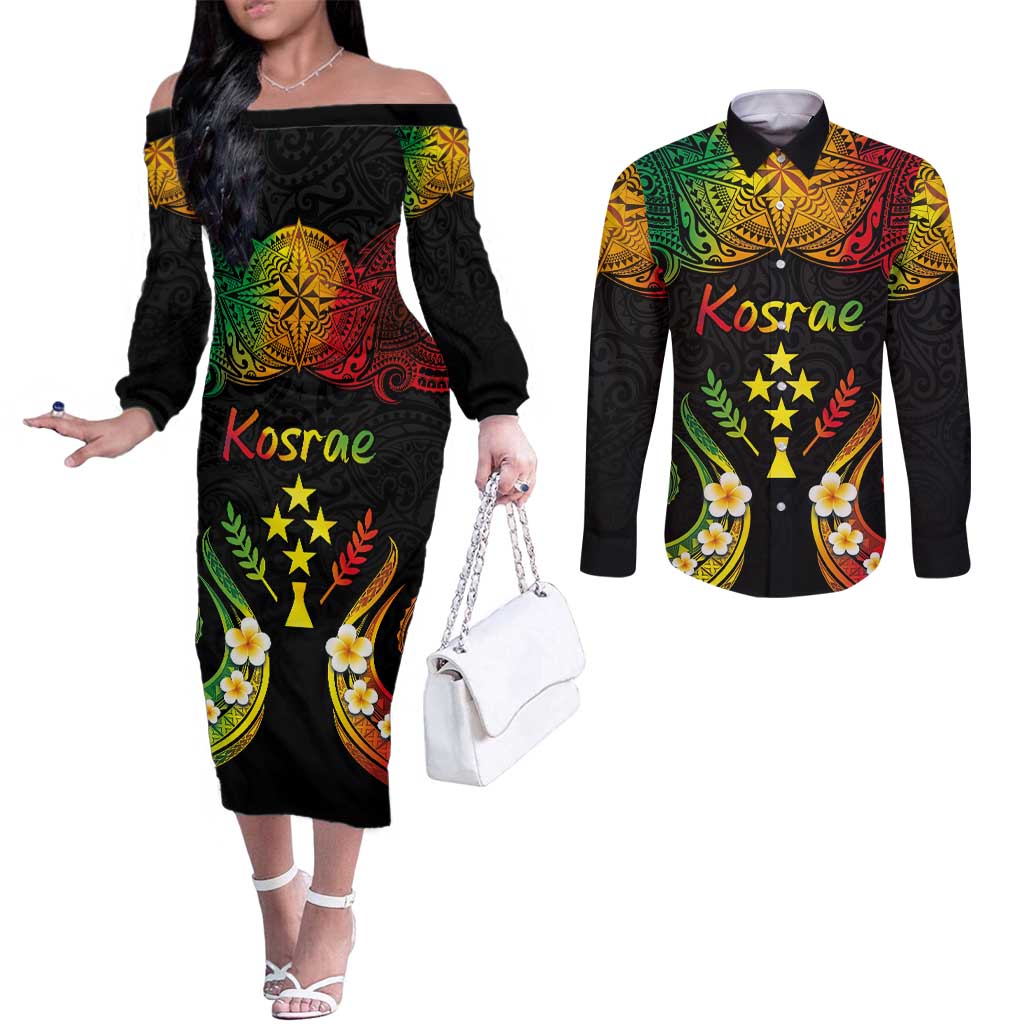 Personalised Kosrae Liberation Day Couples Matching Off The Shoulder Long Sleeve Dress and Long Sleeve Button Shirt Polynesian Tattoo and Plumeria Reggae Color LT03 Reggae - Polynesian Pride