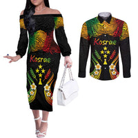 Personalised Kosrae Liberation Day Couples Matching Off The Shoulder Long Sleeve Dress and Long Sleeve Button Shirt Polynesian Tattoo and Plumeria Reggae Color LT03 Reggae - Polynesian Pride