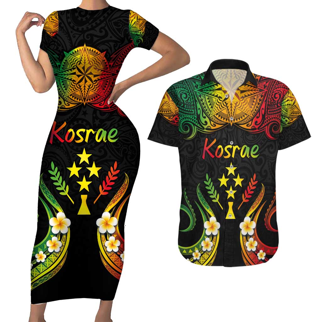 Personalised Kosrae Liberation Day Couples Matching Short Sleeve Bodycon Dress and Hawaiian Shirt Polynesian Tattoo and Plumeria Reggae Color LT03 Reggae - Polynesian Pride