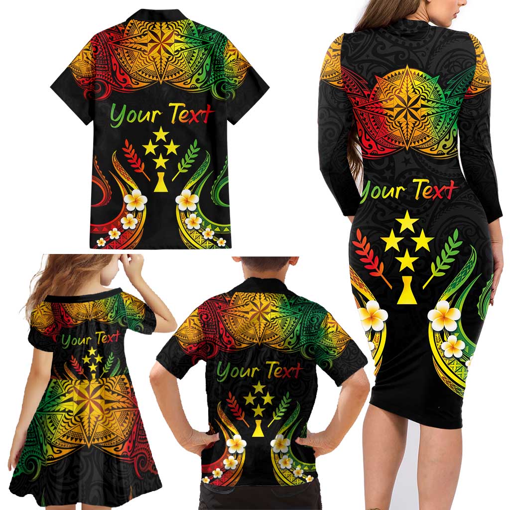 Personalised Kosrae Liberation Day Family Matching Long Sleeve Bodycon Dress and Hawaiian Shirt Polynesian Tattoo and Plumeria Reggae Color LT03 - Polynesian Pride