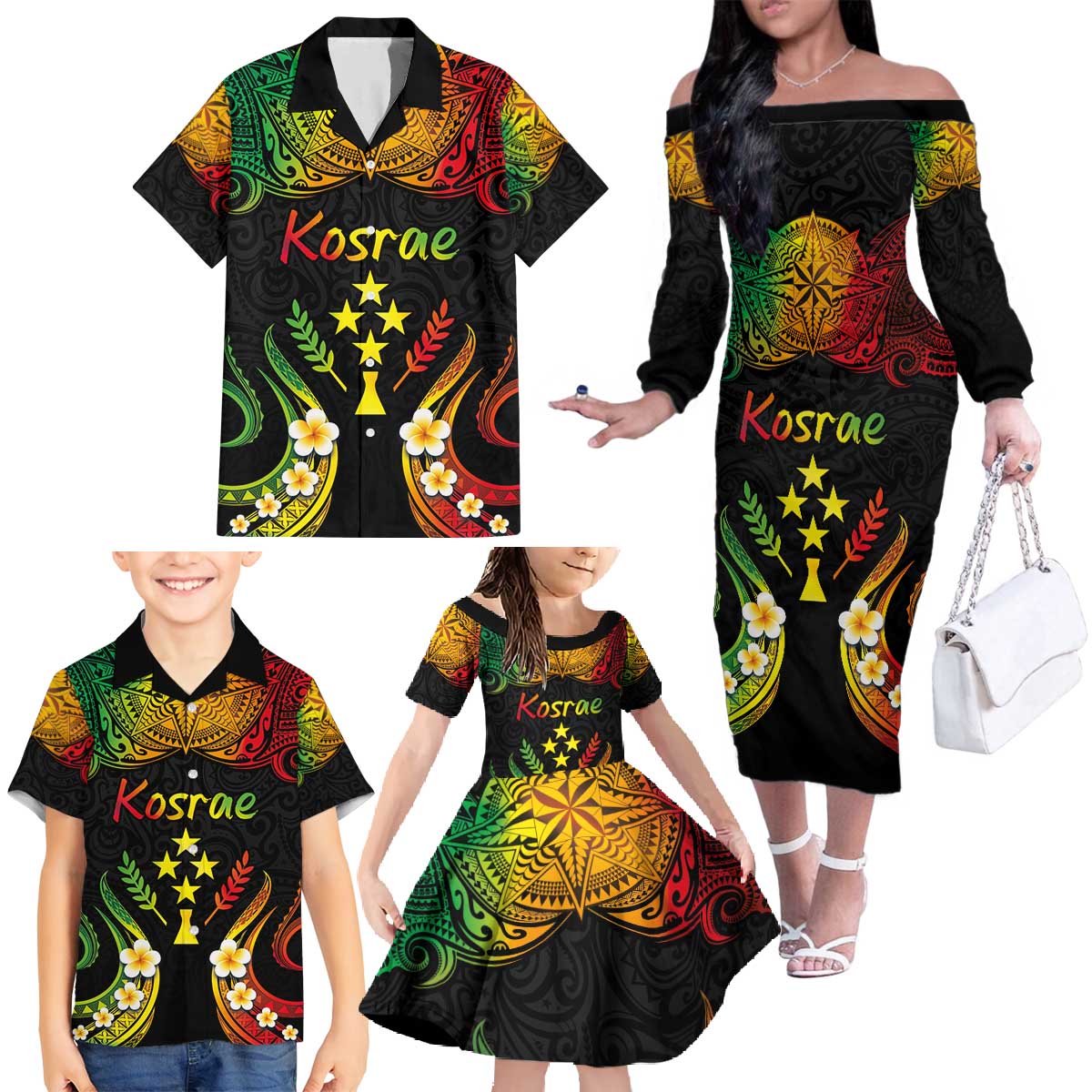 Personalised Kosrae Liberation Day Family Matching Off The Shoulder Long Sleeve Dress and Hawaiian Shirt Polynesian Tattoo and Plumeria Reggae Color LT03 - Polynesian Pride