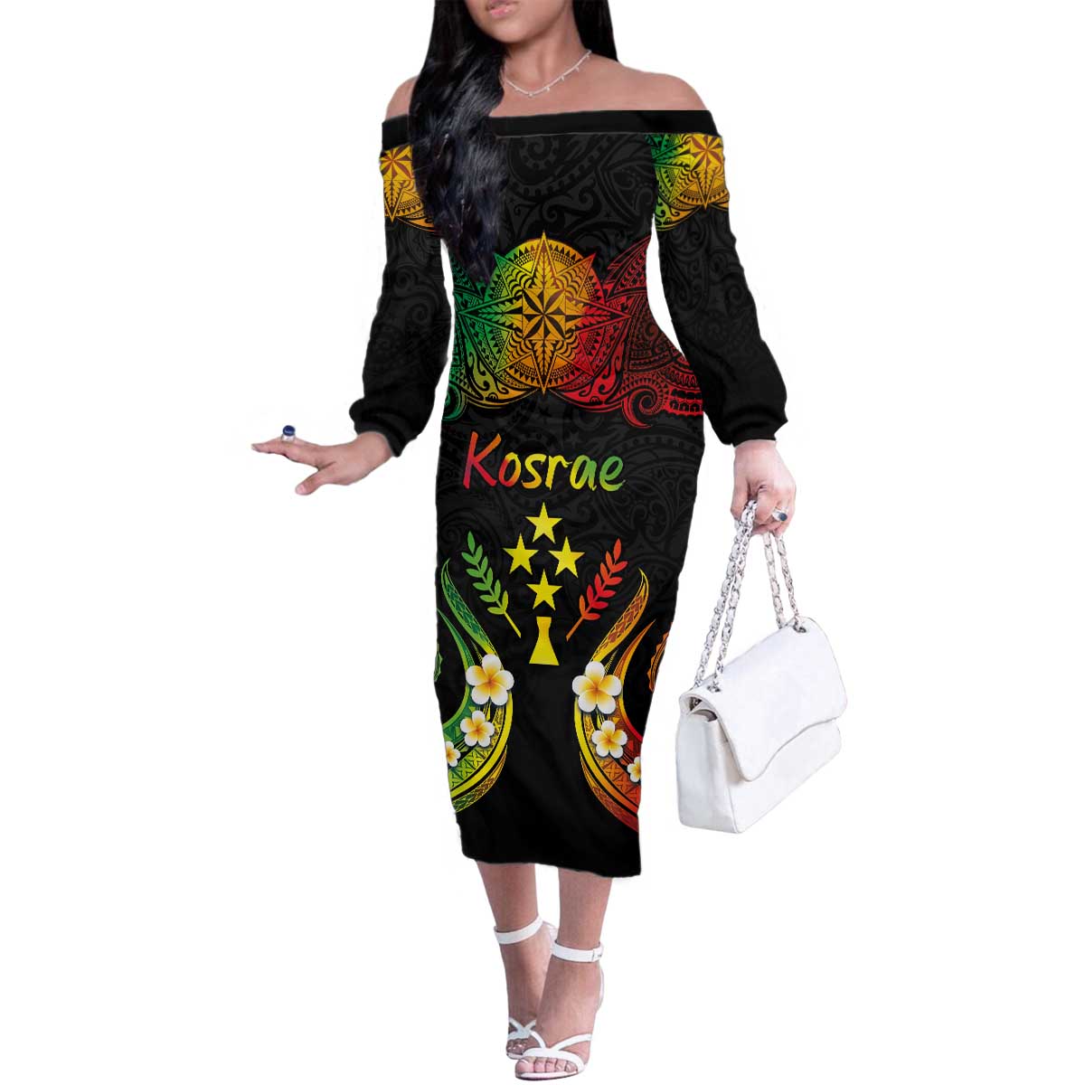 Personalised Kosrae Liberation Day Family Matching Off The Shoulder Long Sleeve Dress and Hawaiian Shirt Polynesian Tattoo and Plumeria Reggae Color LT03 Mom's Dress Reggae - Polynesian Pride