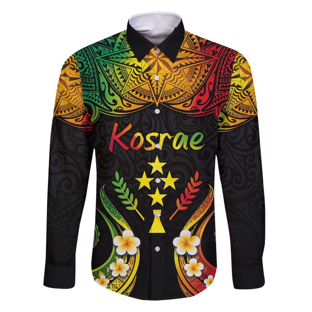 Personalised Kosrae Liberation Day Family Matching Off Shoulder Maxi Dress and Hawaiian Shirt Polynesian Tattoo and Plumeria Reggae Color LT03 Dad's Shirt - Long Sleeve Reggae - Polynesian Pride