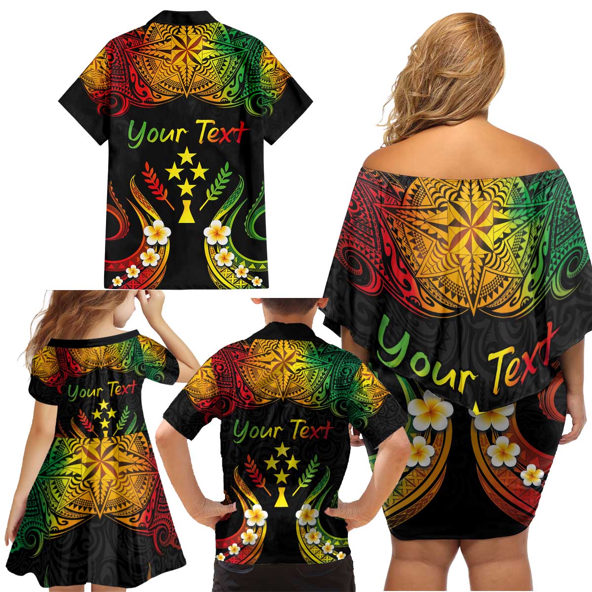 Personalised Kosrae Liberation Day Family Matching Off Shoulder Short Dress and Hawaiian Shirt Polynesian Tattoo and Plumeria Reggae Color LT03 - Polynesian Pride
