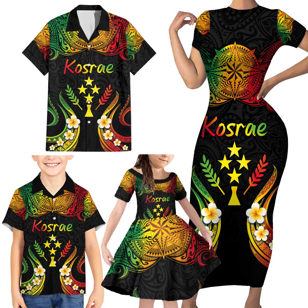 Personalised Kosrae Liberation Day Family Matching Short Sleeve Bodycon Dress and Hawaiian Shirt Polynesian Tattoo and Plumeria Reggae Color LT03 - Polynesian Pride