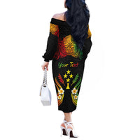Personalised Kosrae Liberation Day Off The Shoulder Long Sleeve Dress Polynesian Tattoo and Plumeria Reggae Color