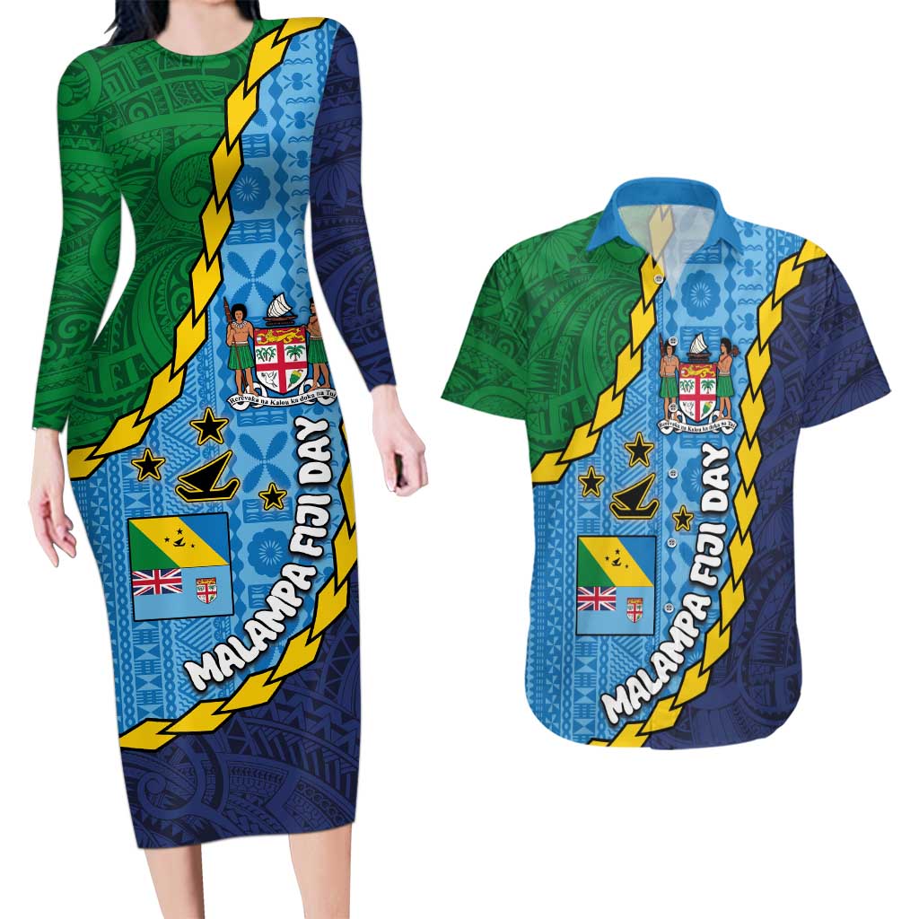 Malampa Fiji Day Couples Matching Long Sleeve Bodycon Dress and Hawaiian Shirt National Symbols with Tapa Tribal and Polynesian Tattoo LT03 Blue - Polynesian Pride