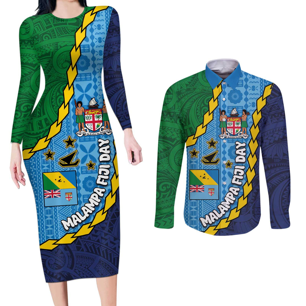 Malampa Fiji Day Couples Matching Long Sleeve Bodycon Dress and Long Sleeve Button Shirt National Symbols with Tapa Tribal and Polynesian Tattoo LT03 Blue - Polynesian Pride