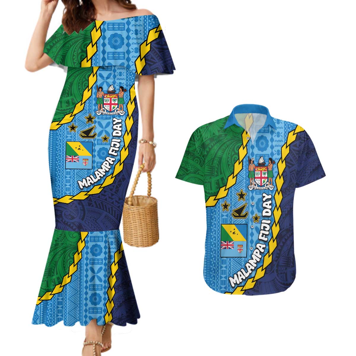 Malampa Fiji Day Couples Matching Mermaid Dress and Hawaiian Shirt National Symbols with Tapa Tribal and Polynesian Tattoo LT03 Blue - Polynesian Pride
