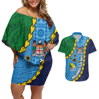 Malampa Fiji Day Couples Matching Off Shoulder Short Dress and Hawaiian Shirt National Symbols with Tapa Tribal and Polynesian Tattoo LT03 Blue - Polynesian Pride