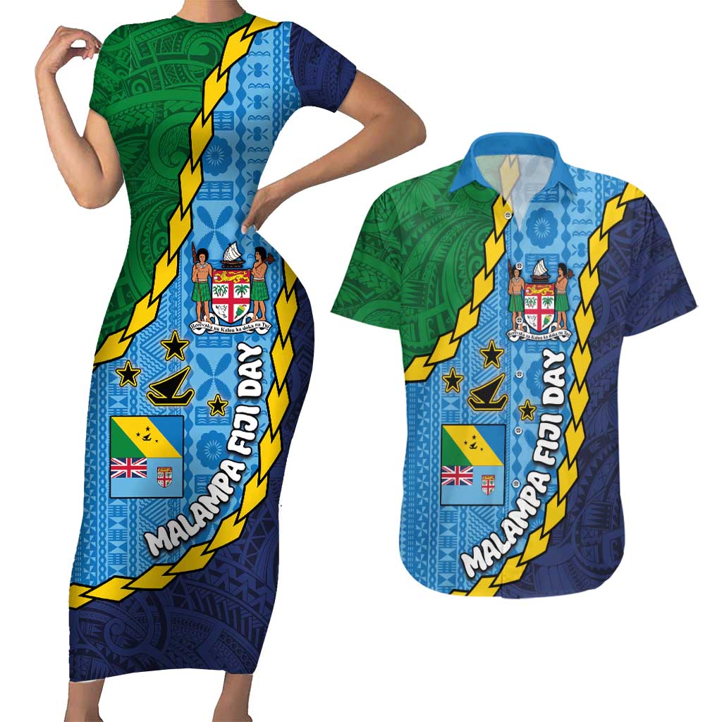 Malampa Fiji Day Couples Matching Short Sleeve Bodycon Dress and Hawaiian Shirt National Symbols with Tapa Tribal and Polynesian Tattoo LT03 Blue - Polynesian Pride