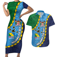 Malampa Fiji Day Couples Matching Short Sleeve Bodycon Dress and Hawaiian Shirt National Symbols with Tapa Tribal and Polynesian Tattoo LT03 Blue - Polynesian Pride
