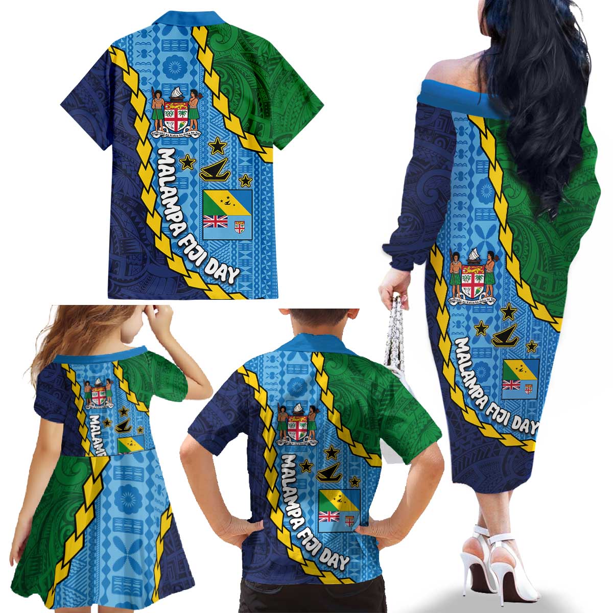 Malampa Fiji Day Family Matching Off The Shoulder Long Sleeve Dress and Hawaiian Shirt National Symbols with Tapa Tribal and Polynesian Tattoo LT03 - Polynesian Pride