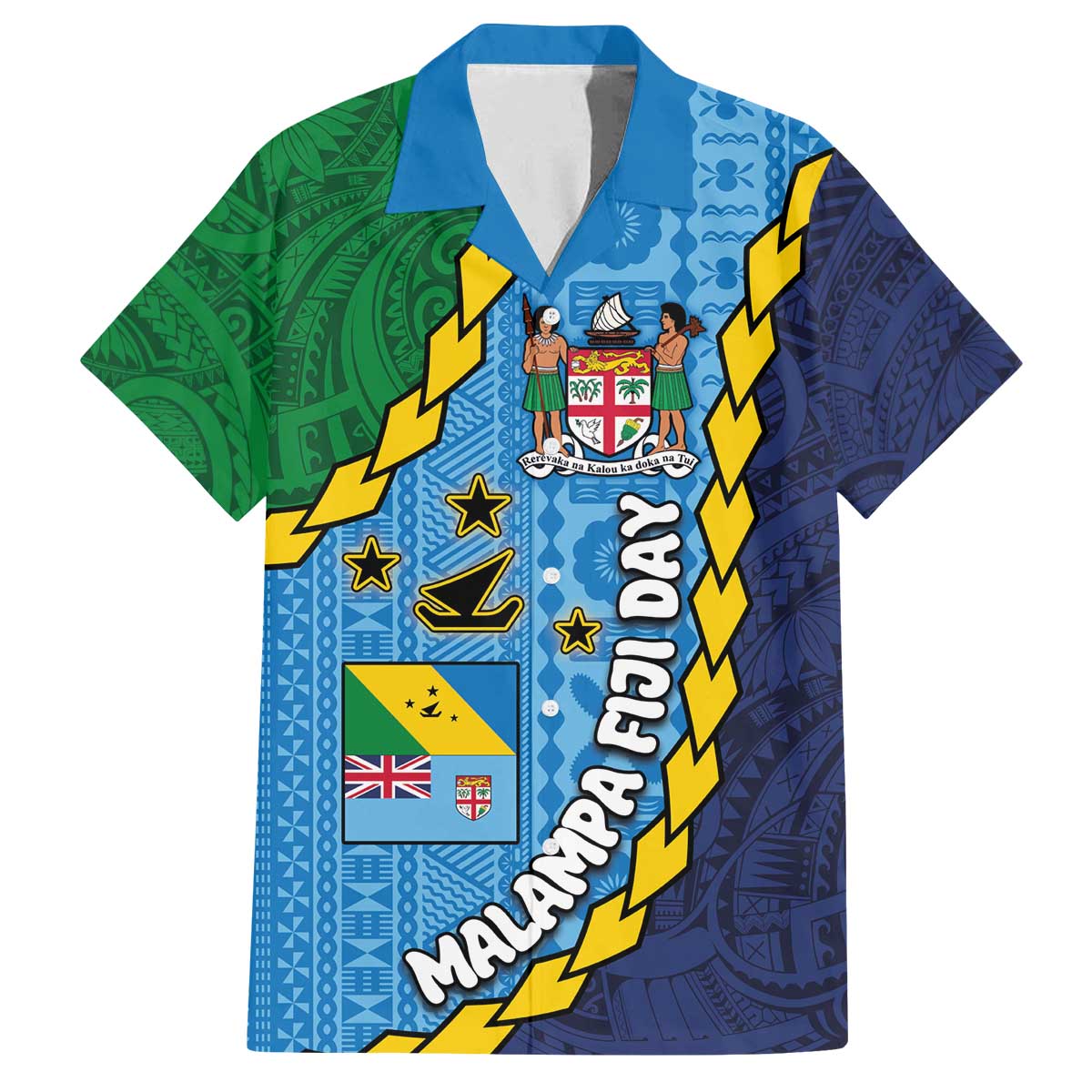 Malampa Fiji Day Family Matching Off The Shoulder Long Sleeve Dress and Hawaiian Shirt National Symbols with Tapa Tribal and Polynesian Tattoo LT03 Dad's Shirt - Short Sleeve Blue - Polynesian Pride