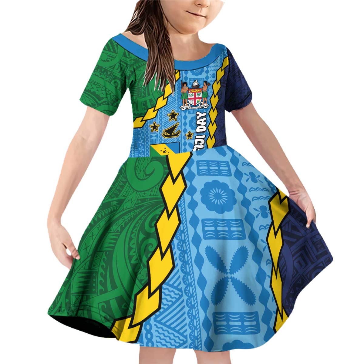 Malampa Fiji Day Family Matching Off Shoulder Short Dress and Hawaiian Shirt National Symbols with Tapa Tribal and Polynesian Tattoo LT03 Daughter's Dress Blue - Polynesian Pride