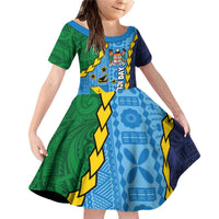 Malampa Fiji Day Family Matching Off Shoulder Short Dress and Hawaiian Shirt National Symbols with Tapa Tribal and Polynesian Tattoo LT03 Daughter's Dress Blue - Polynesian Pride
