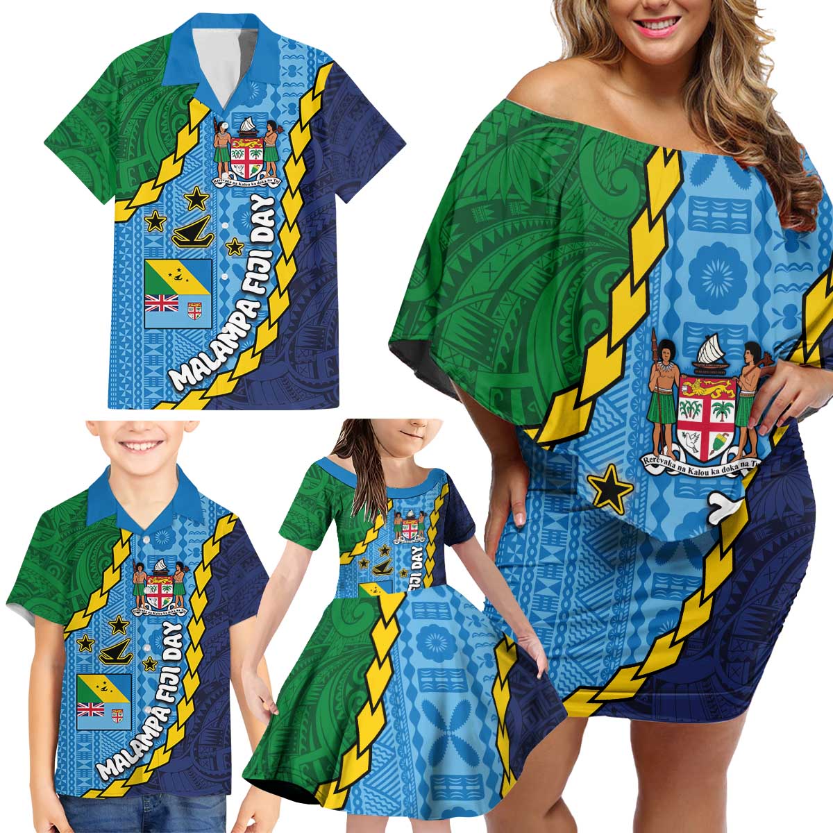 Malampa Fiji Day Family Matching Off Shoulder Short Dress and Hawaiian Shirt National Symbols with Tapa Tribal and Polynesian Tattoo LT03 - Polynesian Pride