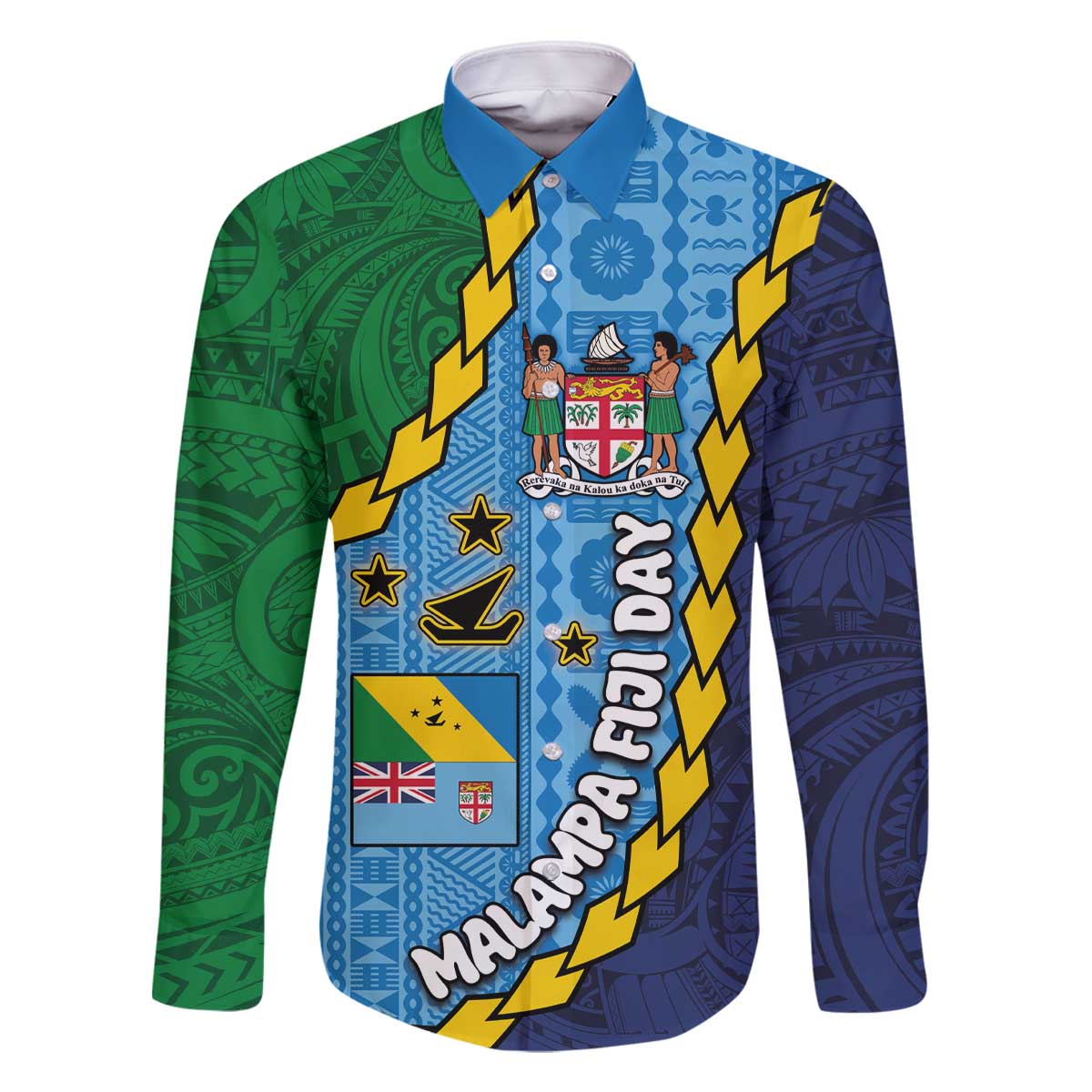 Malampa Fiji Day Family Matching Off Shoulder Short Dress and Hawaiian Shirt National Symbols with Tapa Tribal and Polynesian Tattoo LT03 Dad's Shirt - Long Sleeve Blue - Polynesian Pride