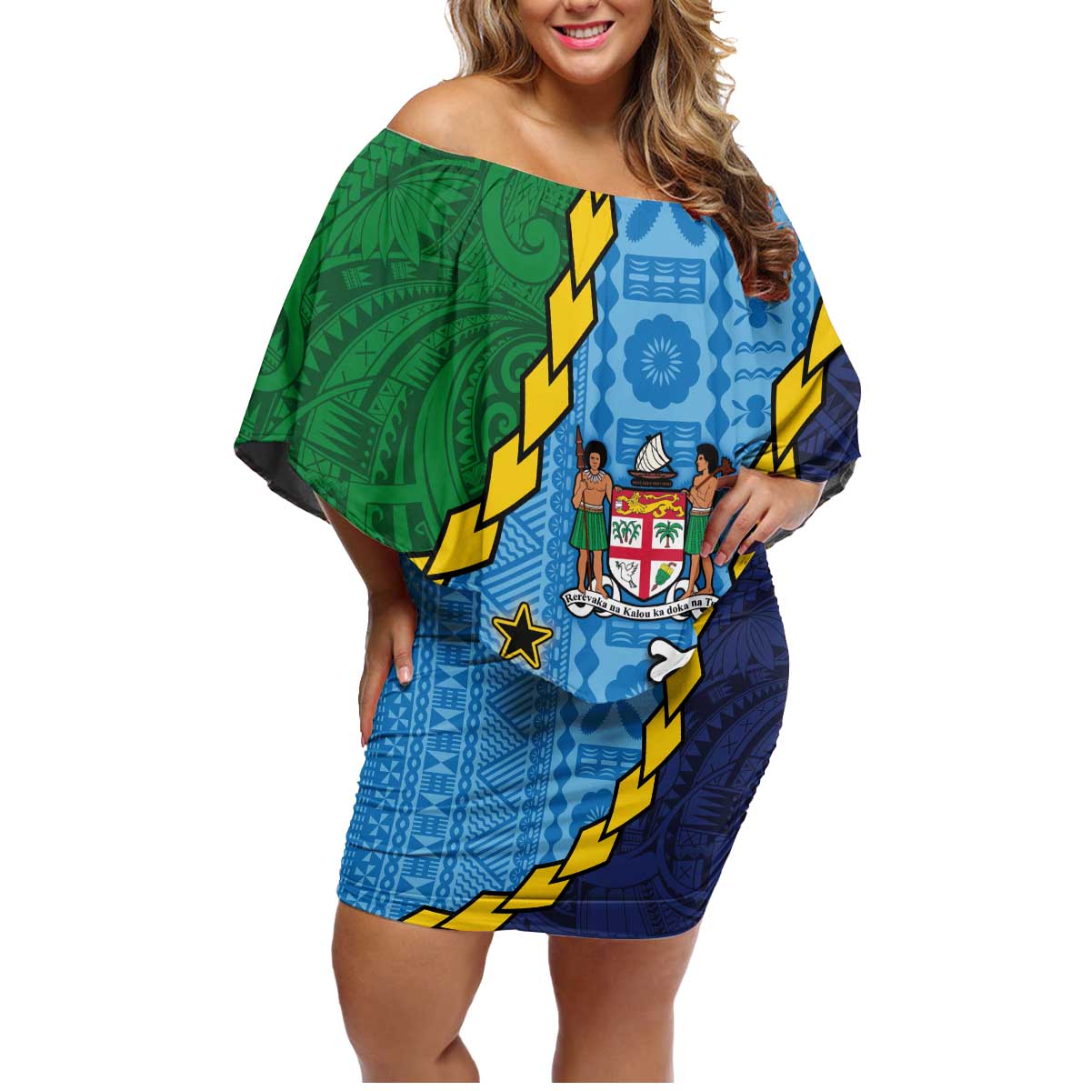 Malampa Fiji Day Family Matching Off Shoulder Short Dress and Hawaiian Shirt National Symbols with Tapa Tribal and Polynesian Tattoo LT03 Mom's Dress Blue - Polynesian Pride