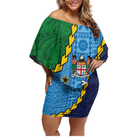 Malampa Fiji Day Family Matching Off Shoulder Short Dress and Hawaiian Shirt National Symbols with Tapa Tribal and Polynesian Tattoo LT03 Mom's Dress Blue - Polynesian Pride