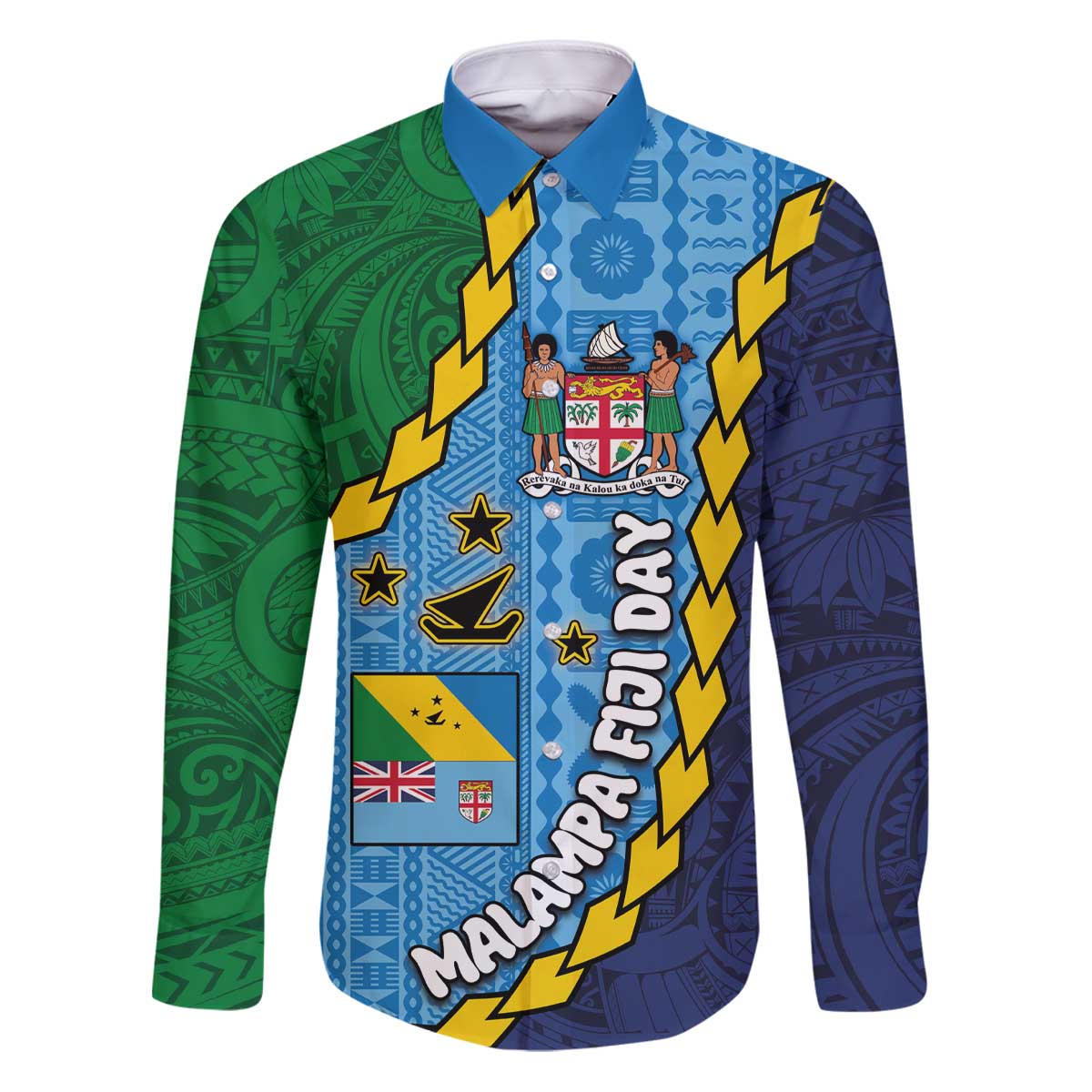 Malampa Fiji Day Family Matching Puletasi and Hawaiian Shirt National Symbols with Tapa Tribal and Polynesian Tattoo LT03 Dad's Shirt - Long Sleeve Blue - Polynesian Pride
