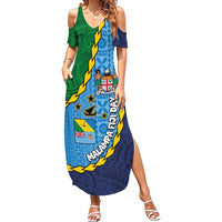 Malampa Fiji Day Family Matching Summer Maxi Dress and Hawaiian Shirt National Symbols with Tapa Tribal and Polynesian Tattoo LT03 Mom's Dress Blue - Polynesian Pride