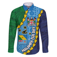 Malampa Fiji Day Family Matching Tank Maxi Dress and Hawaiian Shirt National Symbols with Tapa Tribal and Polynesian Tattoo LT03 Dad's Shirt - Long Sleeve Blue - Polynesian Pride