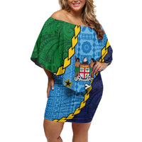 Malampa Fiji Day Off Shoulder Short Dress National Symbols with Tapa Tribal and Polynesian Tattoo LT03 Women Blue - Polynesian Pride