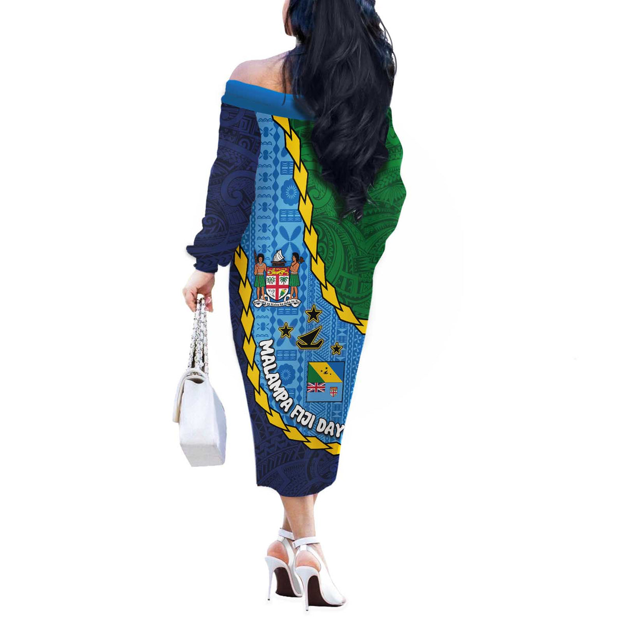 Malampa Fiji Day Off The Shoulder Long Sleeve Dress National Symbols with Tapa Tribal and Polynesian Tattoo LT03 - Polynesian Pride
