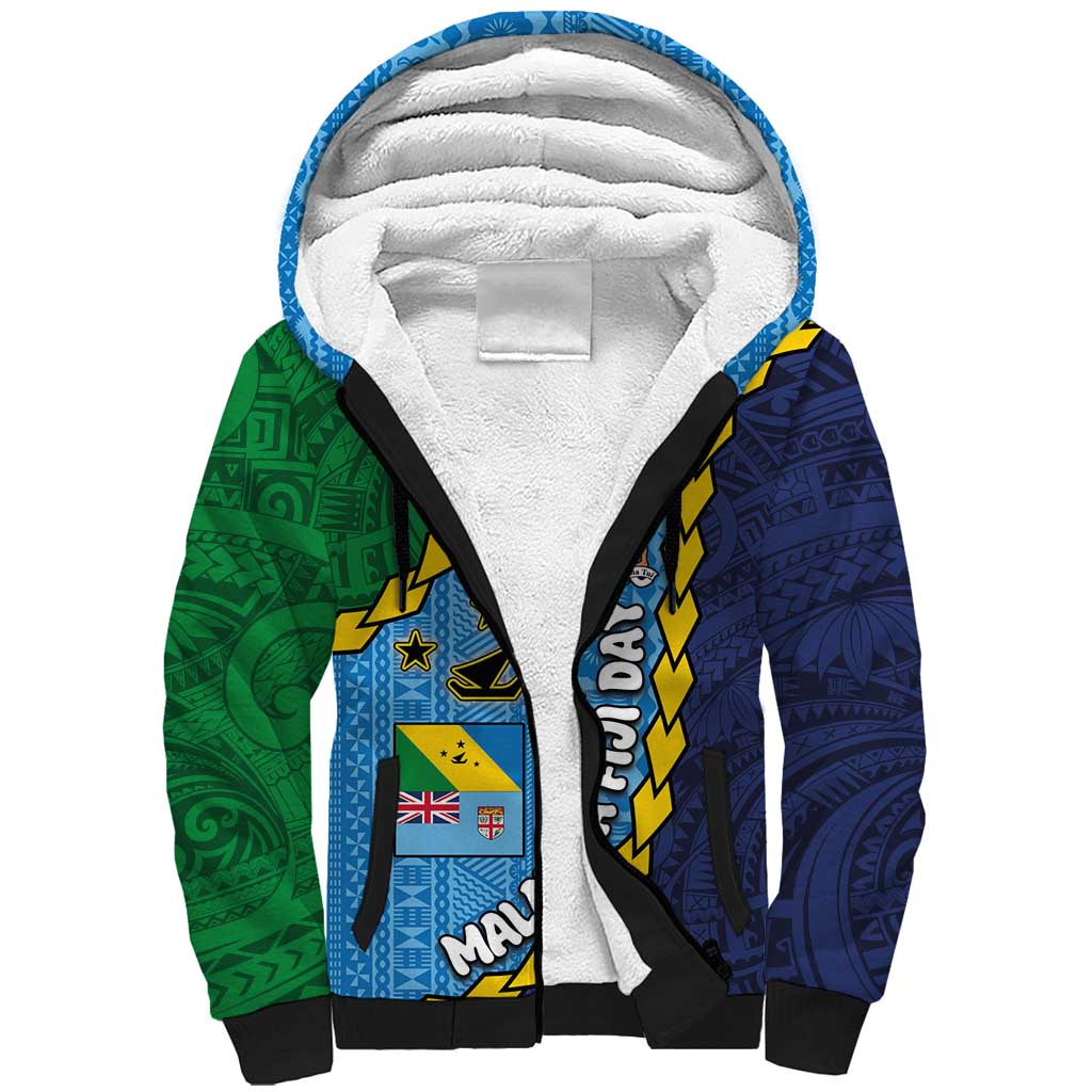 Malampa Fiji Day Sherpa Hoodie National Symbols with Tapa Tribal and Polynesian Tattoo LT03 Unisex Blue - Polynesian Pride