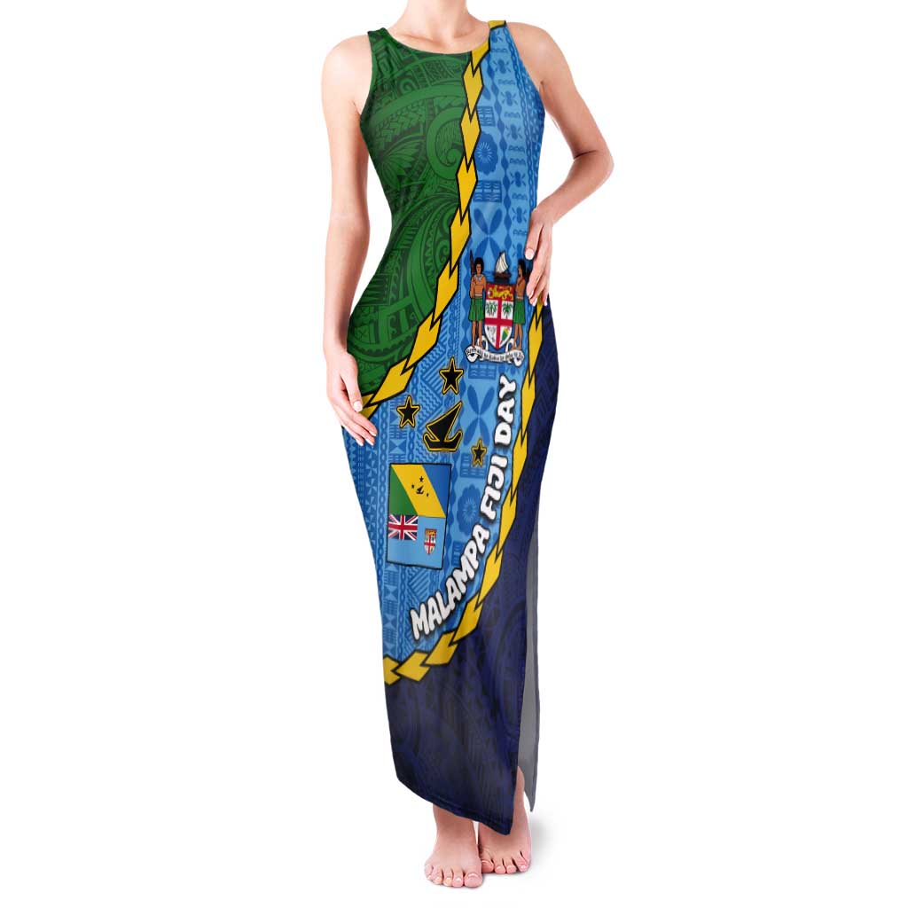 Malampa Fiji Day Tank Maxi Dress National Symbols with Tapa Tribal and Polynesian Tattoo LT03 Women Blue - Polynesian Pride