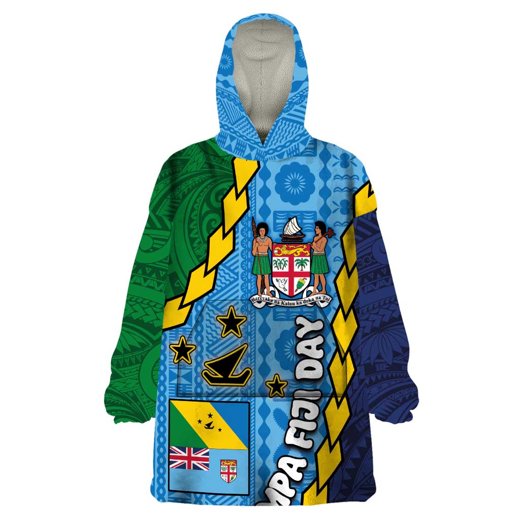 Malampa Fiji Day Wearable Blanket Hoodie National Symbols with Tapa Tribal and Polynesian Tattoo LT03 One Size Blue - Polynesian Pride