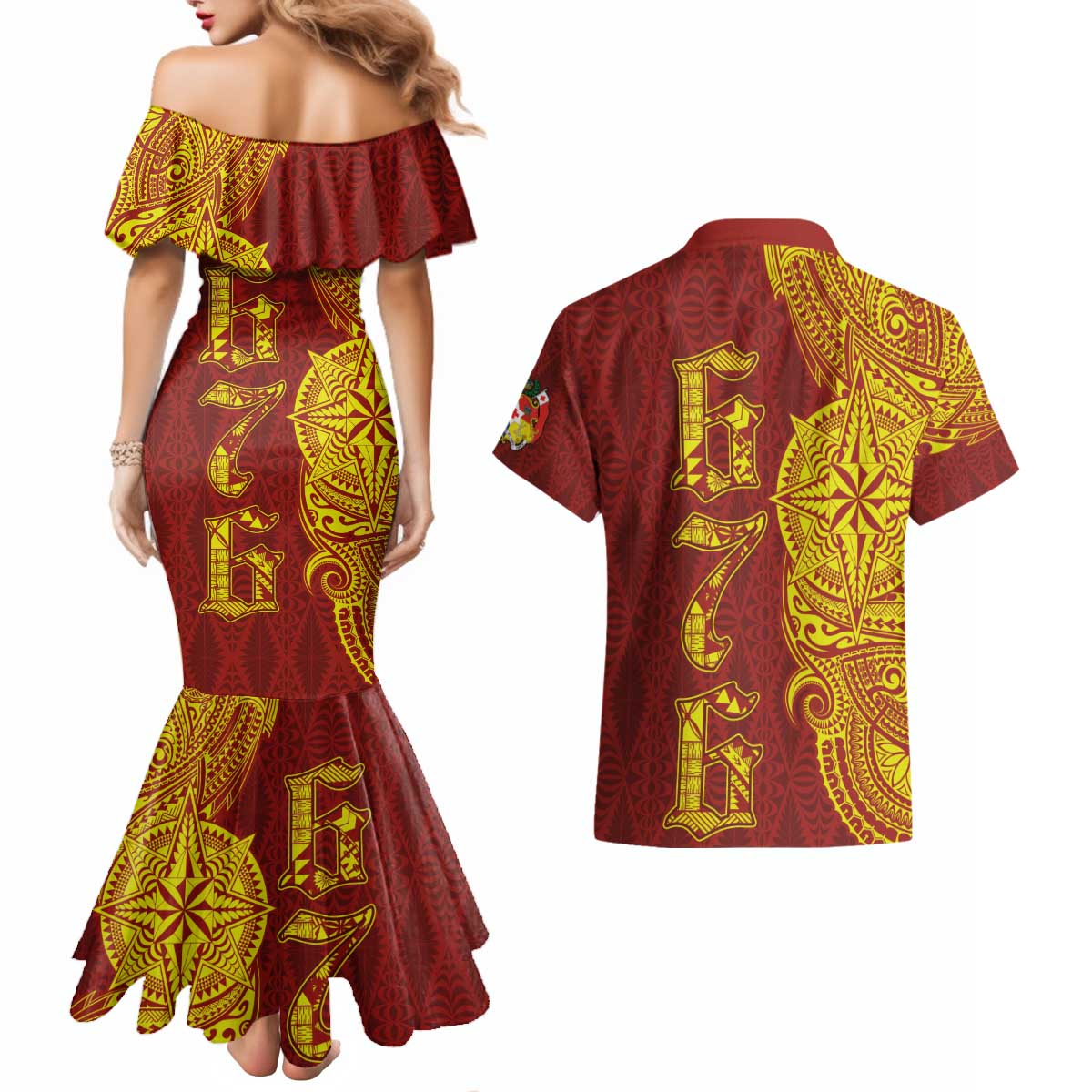 Tonga 676 Ngatu Tribal Tattoo Couples Matching Mermaid Dress and Hawaiian Shirt