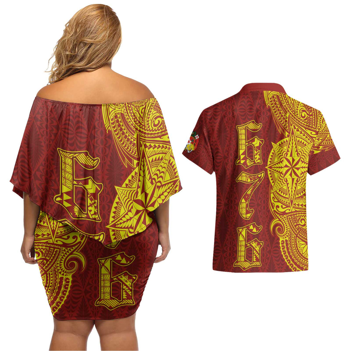 Tonga 676 Ngatu Tribal Tattoo Couples Matching Off Shoulder Short Dress and Hawaiian Shirt