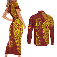 Tonga 676 Ngatu Tribal Tattoo Couples Matching Short Sleeve Bodycon Dress and Long Sleeve Button Shirt