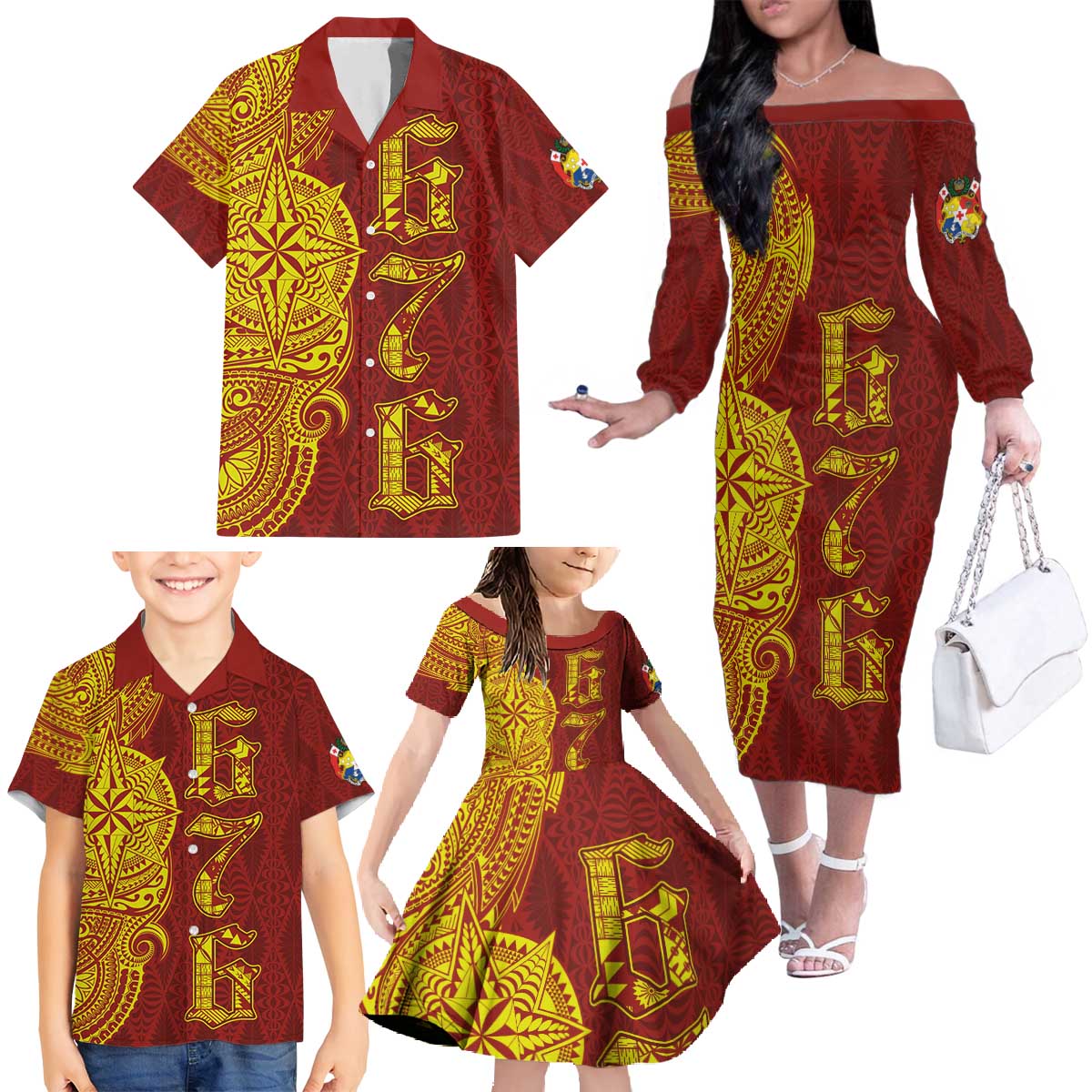 Tonga 676 Ngatu Tribal Tattoo Family Matching Off The Shoulder Long Sleeve Dress and Hawaiian Shirt LT03 - Polynesian Pride