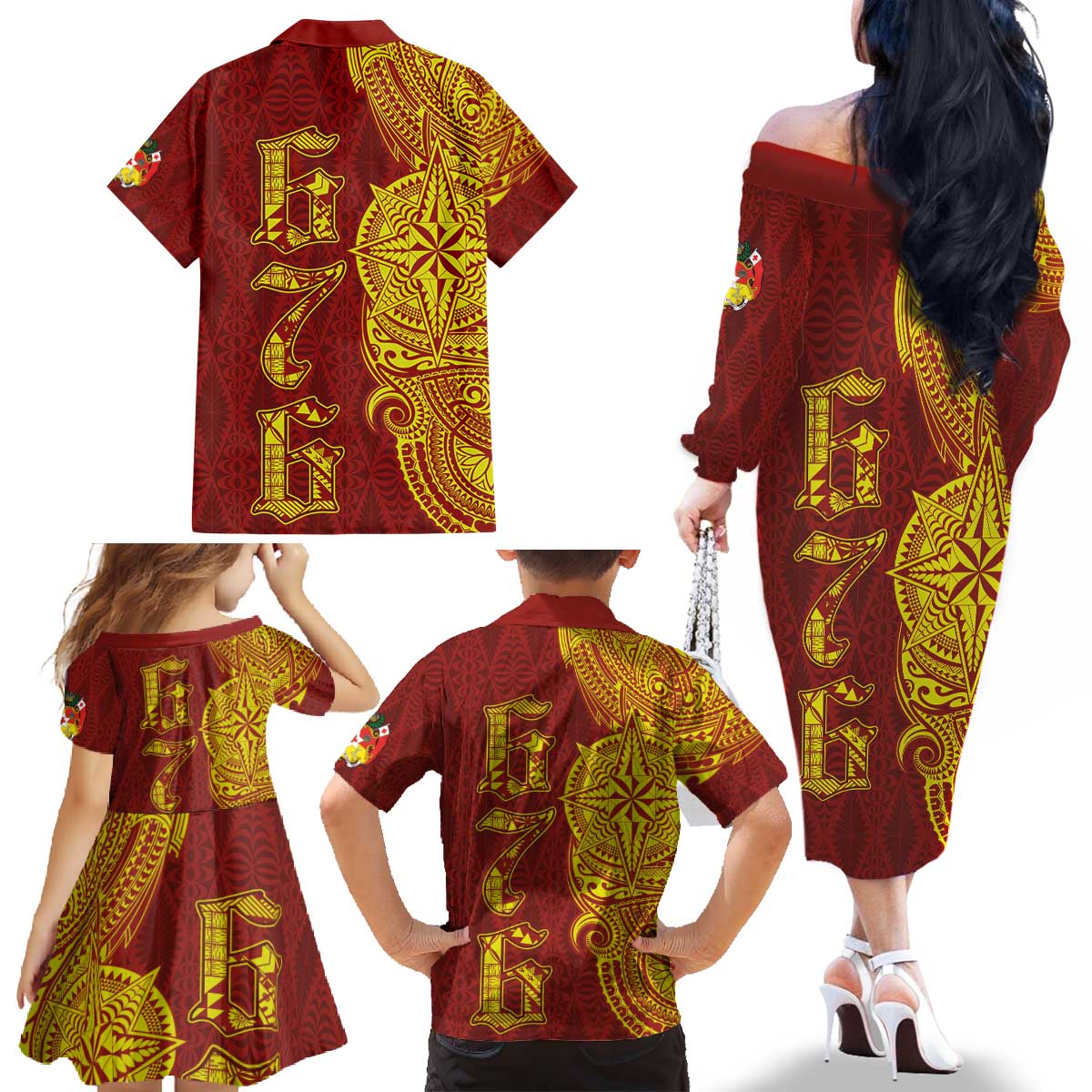 Tonga 676 Ngatu Tribal Tattoo Family Matching Off The Shoulder Long Sleeve Dress and Hawaiian Shirt LT03 - Polynesian Pride