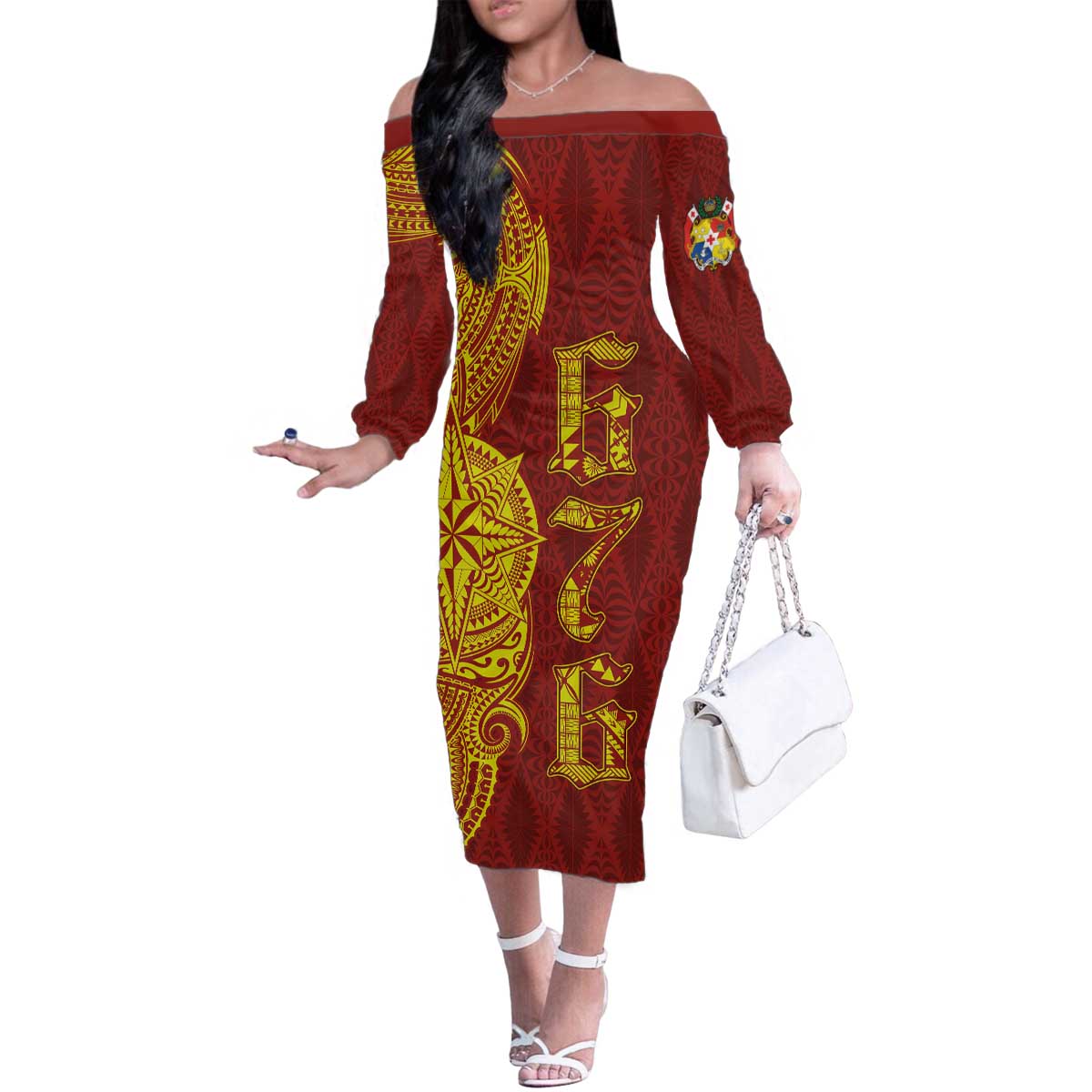 Tonga 676 Ngatu Tribal Tattoo Family Matching Off The Shoulder Long Sleeve Dress and Hawaiian Shirt LT03 Mom's Dress Red - Polynesian Pride