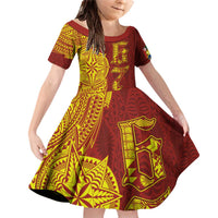 Tonga 676 Ngatu Tribal Tattoo Family Matching Off Shoulder Short Dress and Hawaiian Shirt LT03 Daughter's Dress Red - Polynesian Pride