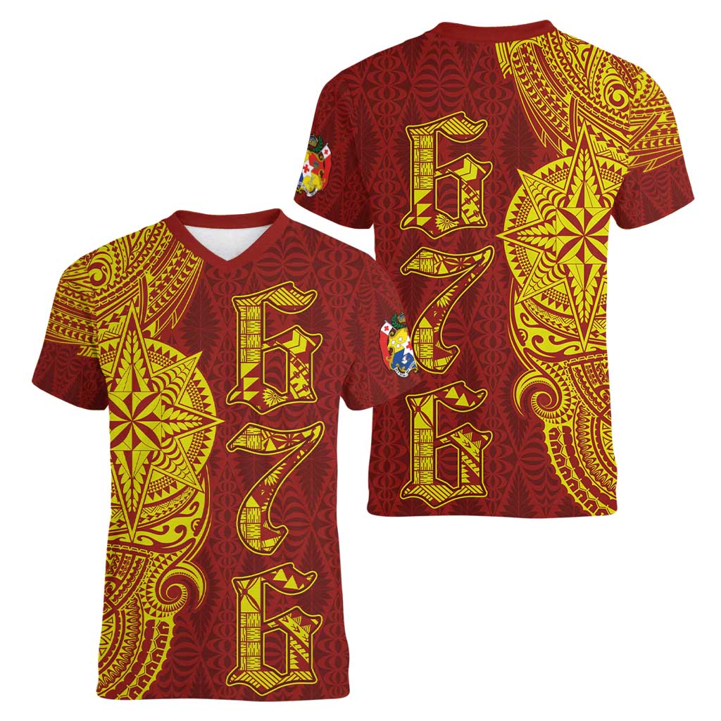 Tonga 676 Ngatu Tribal Tattoo Women V-Neck T-Shirt