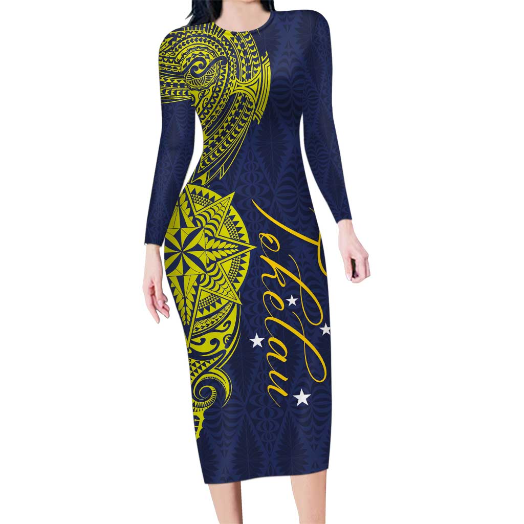 Personalised Tokelau Classic Ngatu Motifs Family Matching Long Sleeve Bodycon Dress and Hawaiian Shirt LT03 Mom's Dress Blue - Polynesian Pride