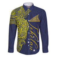 Personalised Tokelau Classic Ngatu Motifs Family Matching Mermaid Dress and Hawaiian Shirt LT03 Dad's Shirt - Long Sleeve Blue - Polynesian Pride