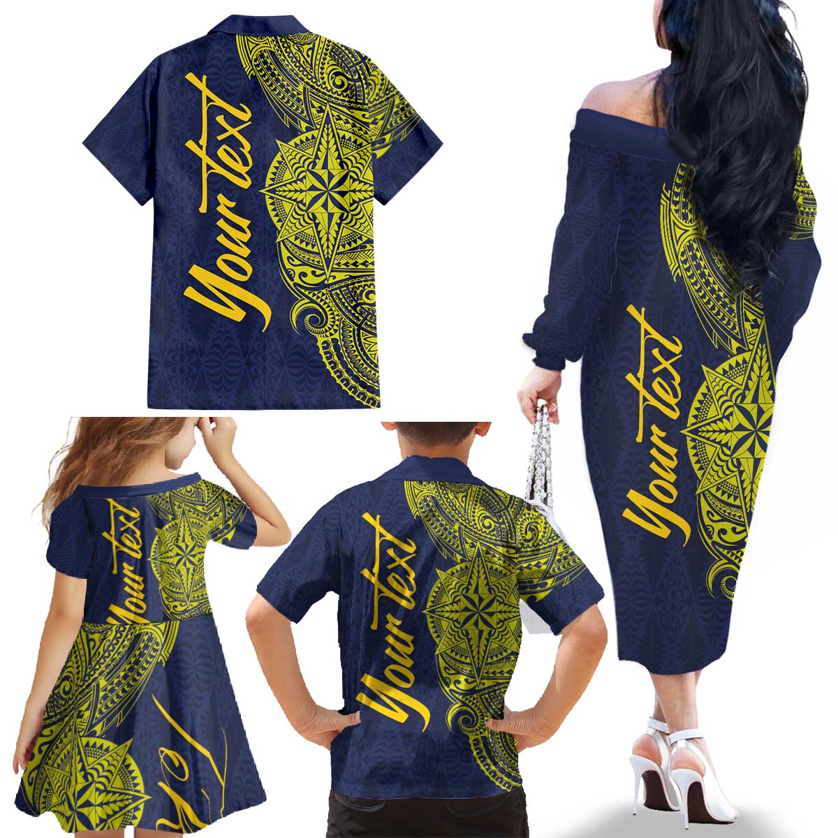 Personalised Tokelau Classic Ngatu Motifs Family Matching Off The Shoulder Long Sleeve Dress and Hawaiian Shirt LT03 - Polynesian Pride