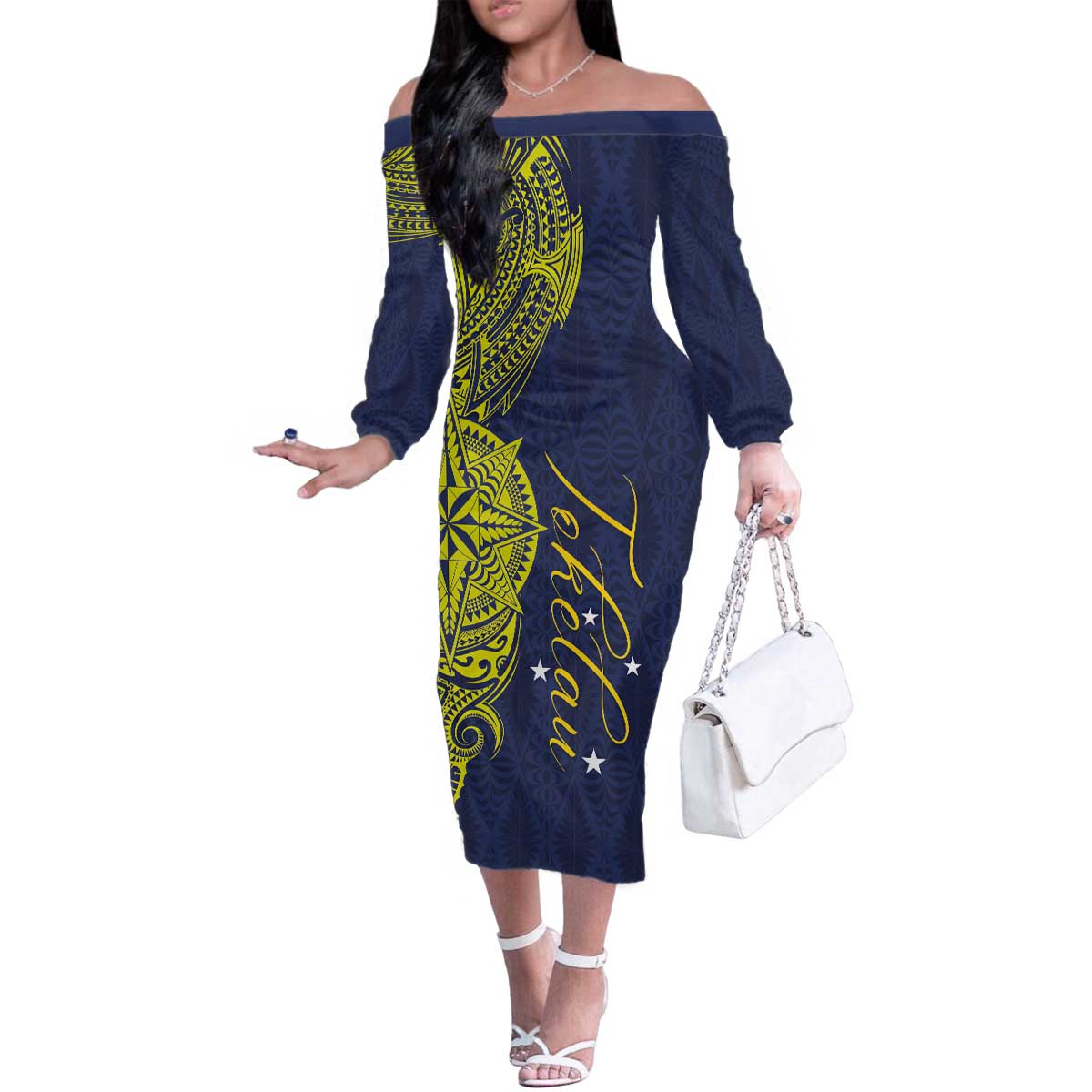 Personalised Tokelau Classic Ngatu Motifs Family Matching Off The Shoulder Long Sleeve Dress and Hawaiian Shirt LT03 Mom's Dress Blue - Polynesian Pride