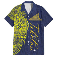 Personalised Tokelau Classic Ngatu Motifs Family Matching Off Shoulder Maxi Dress and Hawaiian Shirt LT03 Dad's Shirt - Short Sleeve Blue - Polynesian Pride