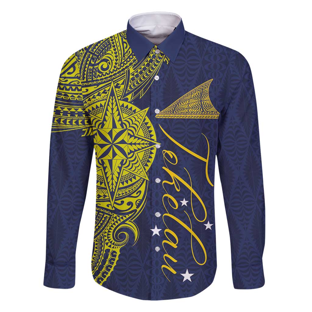 Personalised Tokelau Classic Ngatu Motifs Family Matching Off Shoulder Maxi Dress and Hawaiian Shirt LT03 Dad's Shirt - Long Sleeve Blue - Polynesian Pride
